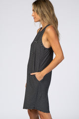 Black Striped Pocket Front Swing Dress