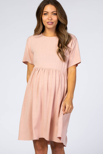 Light Pink Linen Babydoll Maternity Dress
