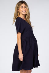 Navy Blue Linen Babydoll Maternity Dress