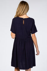 Navy Blue Linen Babydoll Maternity Dress