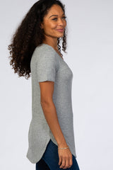 Heather Grey Ribbed Rounded Hem Short Sleeve Top