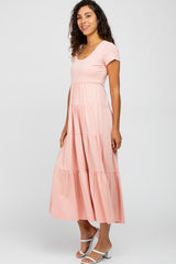 Pink Short Sleeved Tiered Maxi Dress