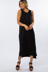Black Front Button Hi-Low Maternity Midi Dress