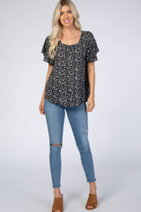 Black Floral Button Down Top