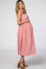 Pink Smocked Tie Strap Maternity Midi Dress