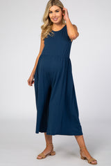 Navy Blue Wide Leg Crop Maternity Jumpsuit