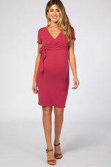 Red Knit Wrap Fitted Maternity/Nursing Dress