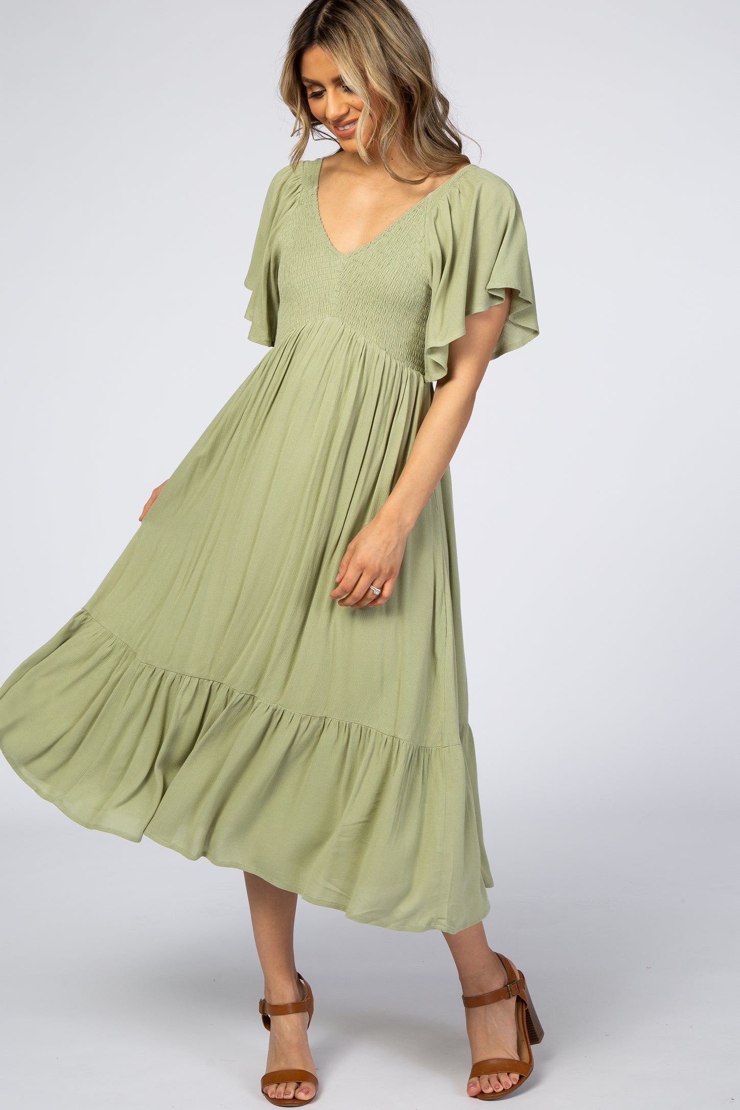 Light Olive Smocked Ruffle Maternity Dress