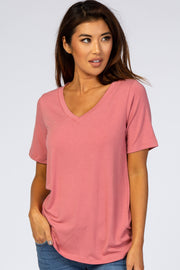 Rose Pink V-Neck Short Sleeve Basic Top