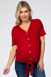 Dark Red Front Tie Button Accent Short Sleeve Maternity Top