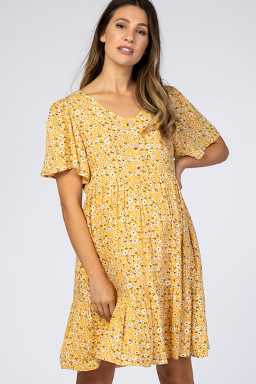 Yellow Floral Button Front Maternity Dress