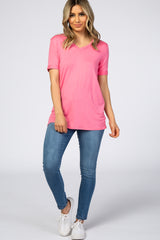Pink V-Neck Cuff Sleeve Top