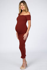 Burgundy Ribbed One Shoulder Fitted Maternity Dress