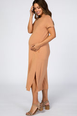 Camel Side Slit Maternity Midi Dress