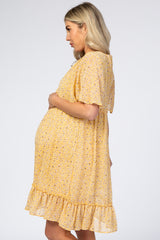 Yellow Floral Chiffon Ruffle Maternity Dress