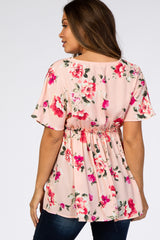 Pink Floral Wrap Front Lettuce Trim Maternity Top