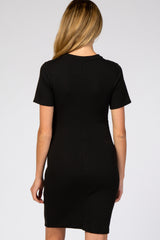Black Ribbed Ruched Side Fitted Short Sleeve Maternity Dress
