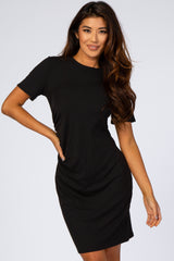 Black Ribbed Ruched Side Fitted Short Sleeve Dress
