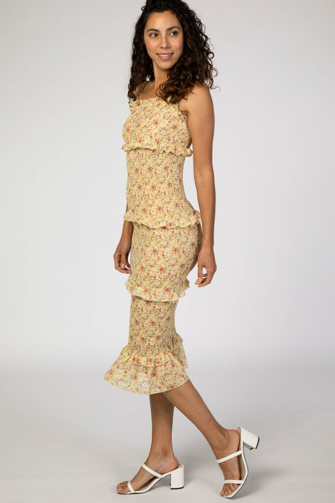 Yellow Floral Chiffon Smocked Fitted Midi Dress PinkBlush Yellow Floral Chiffon Smocked Fitted Midi Dress PinkBlush