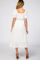 White Smocked Puff Sleeve Maternity Midi Dress
