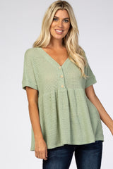 Light Olive Open Knit Button Front Babydoll Maternity Top