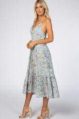 Grey Floral Empire Waist Ruffle Hem Maxi Dress