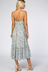 Grey Floral Empire Waist Ruffle Hem Maxi Dress