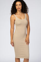 Beige Sleeveless Fitted Ribbed Dress