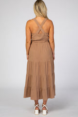 Taupe Button Up Tiered Maternity Maxi Dress
