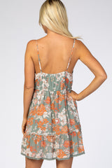 Light Olive Chiffon Floral Side Tie Ruffle Hem Dress