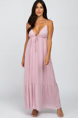 Light Pink Deep V-Neckline Maternity Maxi Dress