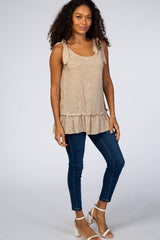Taupe Dot Print Ruffle Hem Top