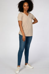 Taupe V-Neck Short Sleeve Top