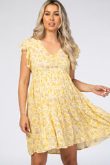 Yellow Floral Ruffle Sleeve Pleated Tier Maternity Mini Dress