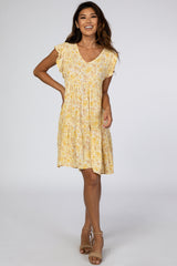Yellow Floral Ruffle Sleeve Pleated Tier Maternity Mini Dress