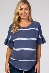 Navy Tie Dye Striped Ruffle Sleeve Maternity Top