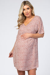 Mauve Leopard Print V-Neck Babydoll Maternity Mini Dress