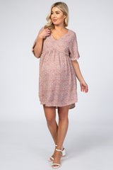 Mauve Leopard Print V-Neck Babydoll Maternity Mini Dress