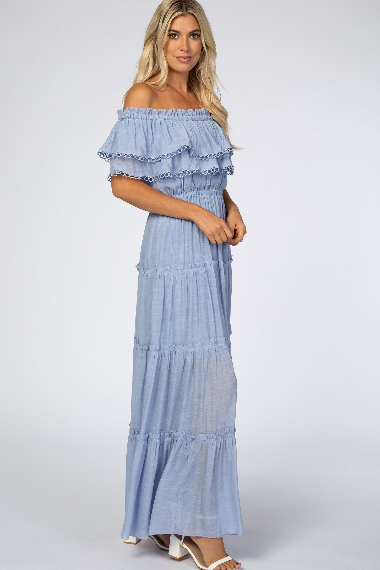 Light Blue Off Shoulder Eyelet Tiered Maxi Dress