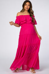 Fuchsia Eyelet Off Shoulder Tiered Maternity Maxi Dress