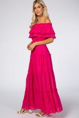 Fuchsia Eyelet Off Shoulder Tiered Maxi Dress