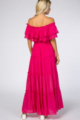 Fuchsia Eyelet Off Shoulder Tiered Maxi Dress
