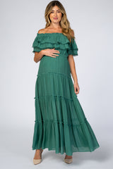 Green Off Shoulder Eyelet Tiered Maternity Maxi Dress