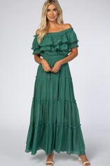 Green Off Shoulder Eyelet Tiered Maternity Maxi Dress