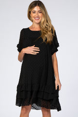 Black Chiffon Swiss Dot Ruffle Hem Maternity Midi Dress