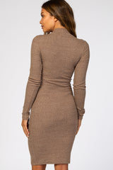 Taupe Ribbed Mock Neck Fitted Maternity Dress