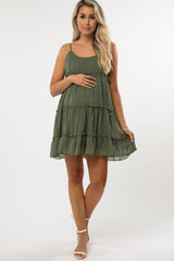 Olive Polka Dot Ruffle Tiered Maternity Dress