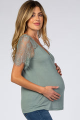 Sage Lace Sleeve V Neck Maternity Top