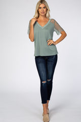 Sage Lace Sleeve V Neck Top