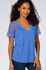 Blue Lace Sleeve V Neck Top